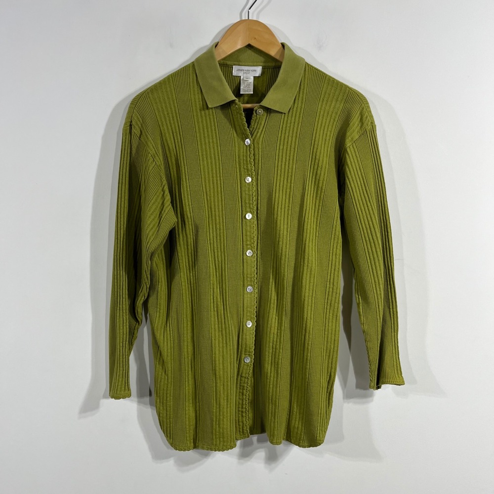 Jones Preppy Old Money 90s Chartreuse Green Ribbed Knit Button Down Polo Small
